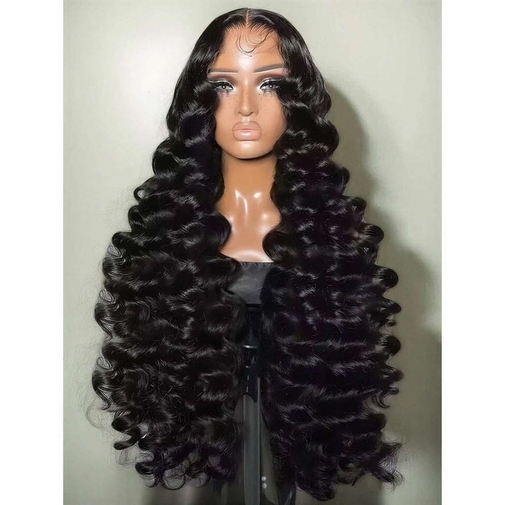 300 density loose wave HD lace wig with long, glossy black curls displayed on a mannequin head.
