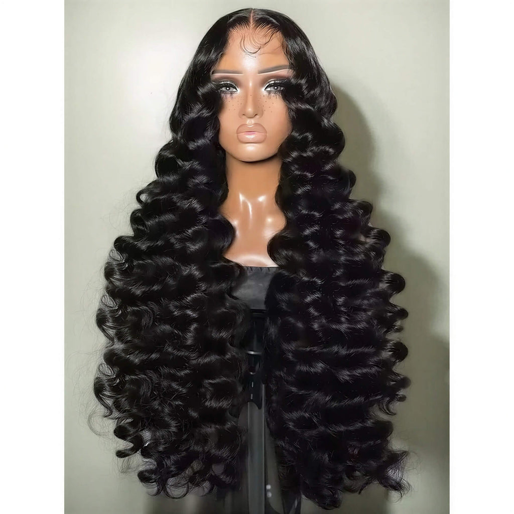 300 density loose wave HD lace wig with long, shiny black curls displayed on a mannequin against a neutral background.