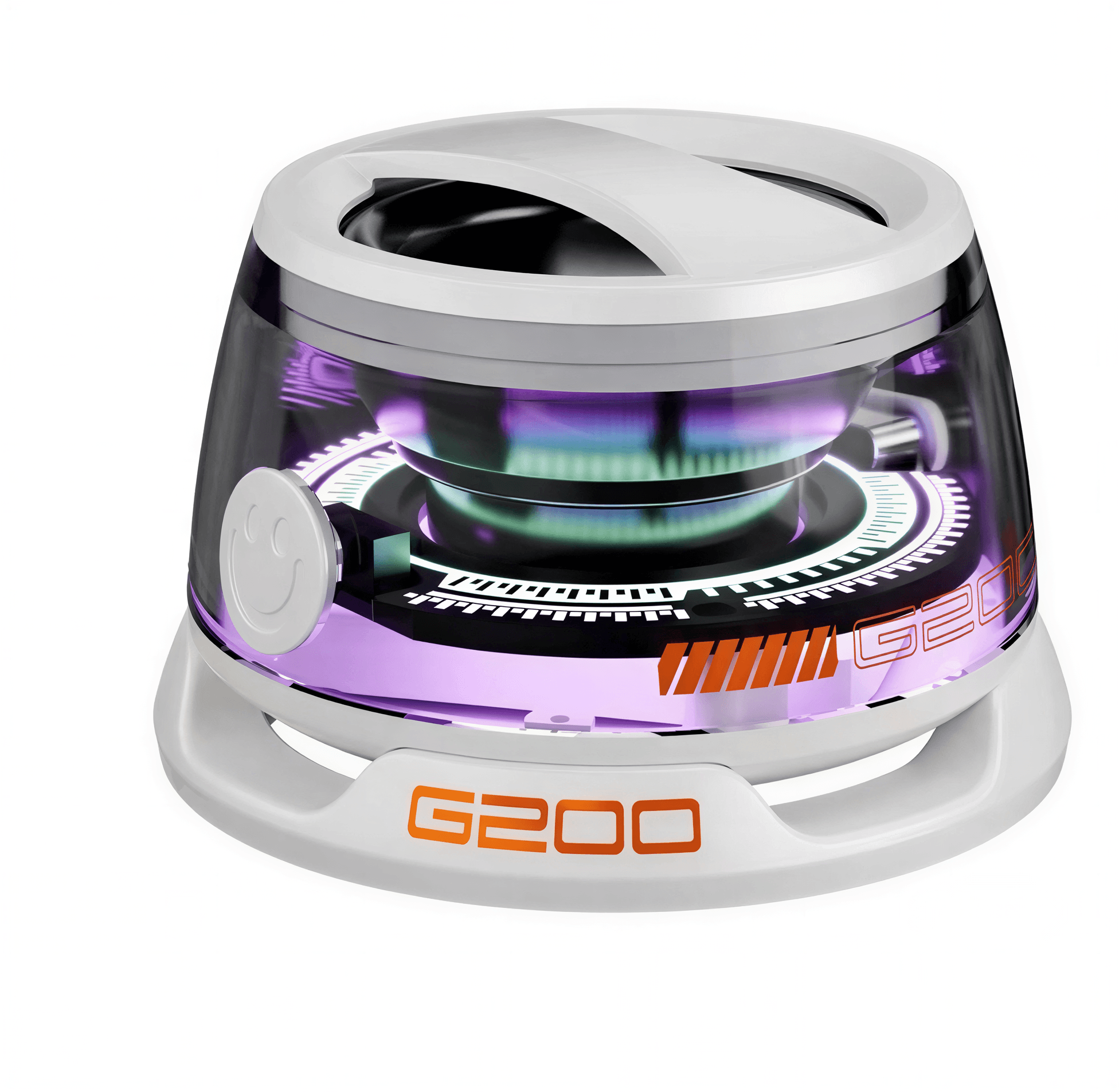 Colorful lighting Bluetooth speaker with a transparent body and circular design, featuring purple and green illumination.