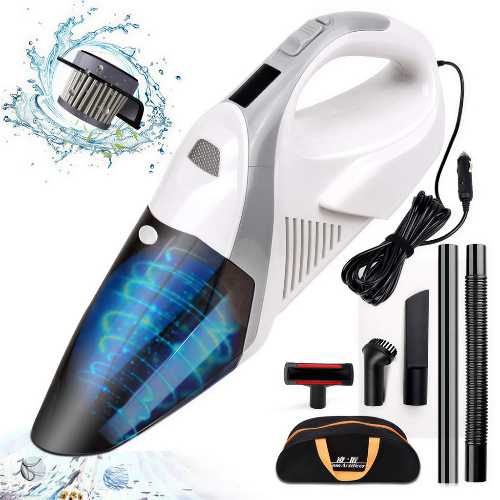 V10 wireless car vacuum cleaner in white and black with various attachments and a carrying bag.