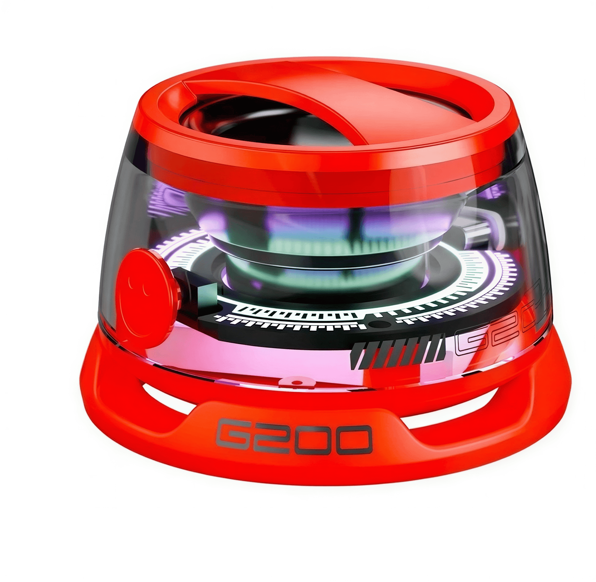 Colorful lighting Bluetooth speaker with a transparent body and red accents, featuring a circular design and control button.