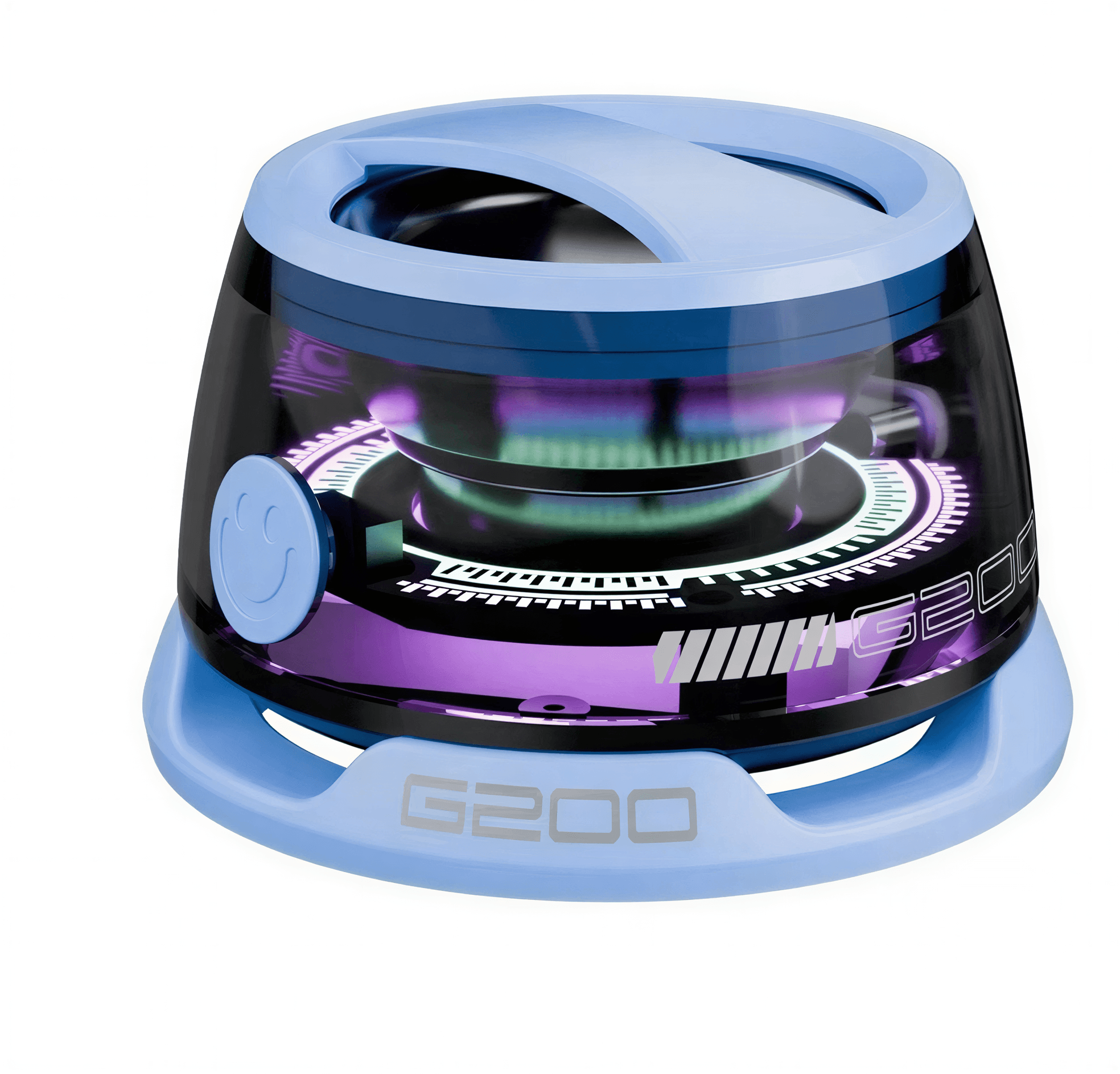 Colorful lighting Bluetooth speaker with a transparent design and blue accents, featuring a circular control panel.