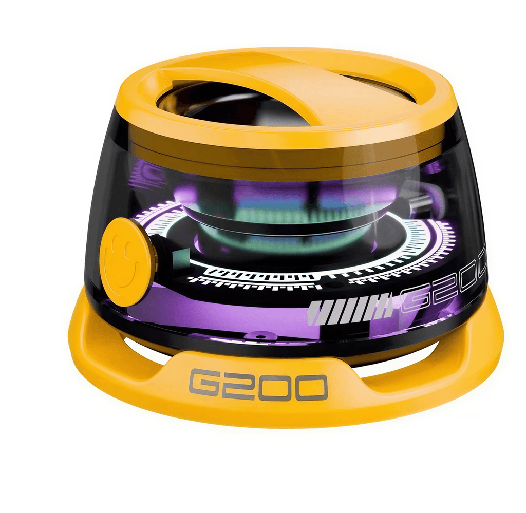 Colorful lighting Bluetooth speaker with a transparent body and yellow accents, featuring a circular design and glowing li...
