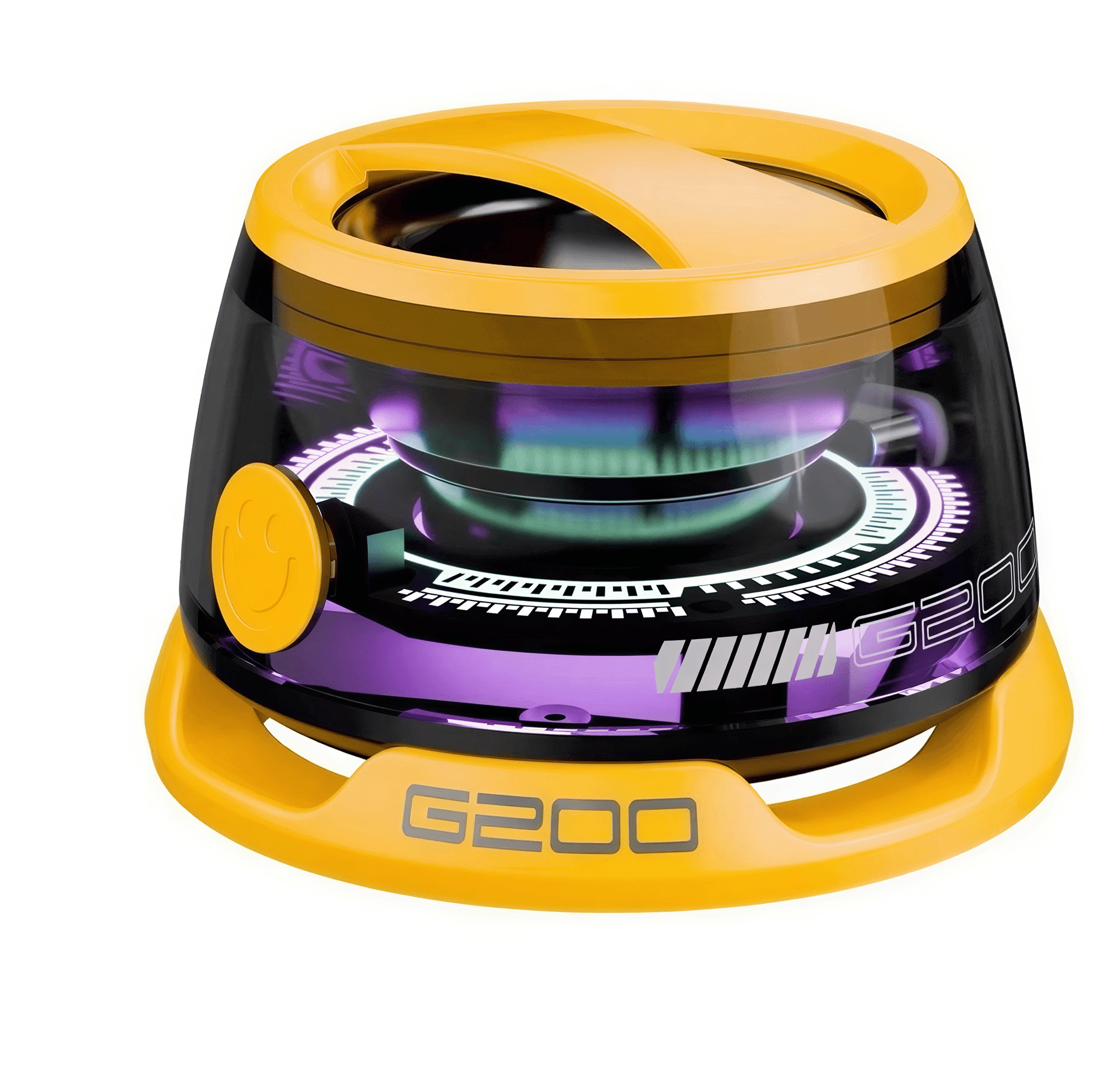 Colorful lighting Bluetooth speaker with a transparent body and yellow accents, featuring a circular design and glowing li...