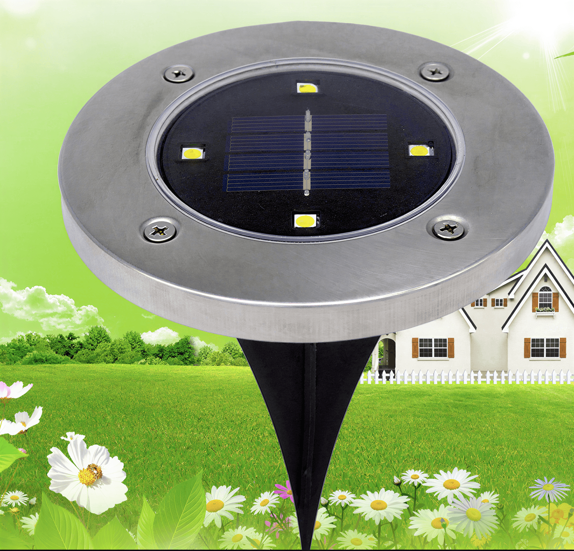 Round silver metal solar ground light with four LEDs and a black plastic stake, shown over a garden background.