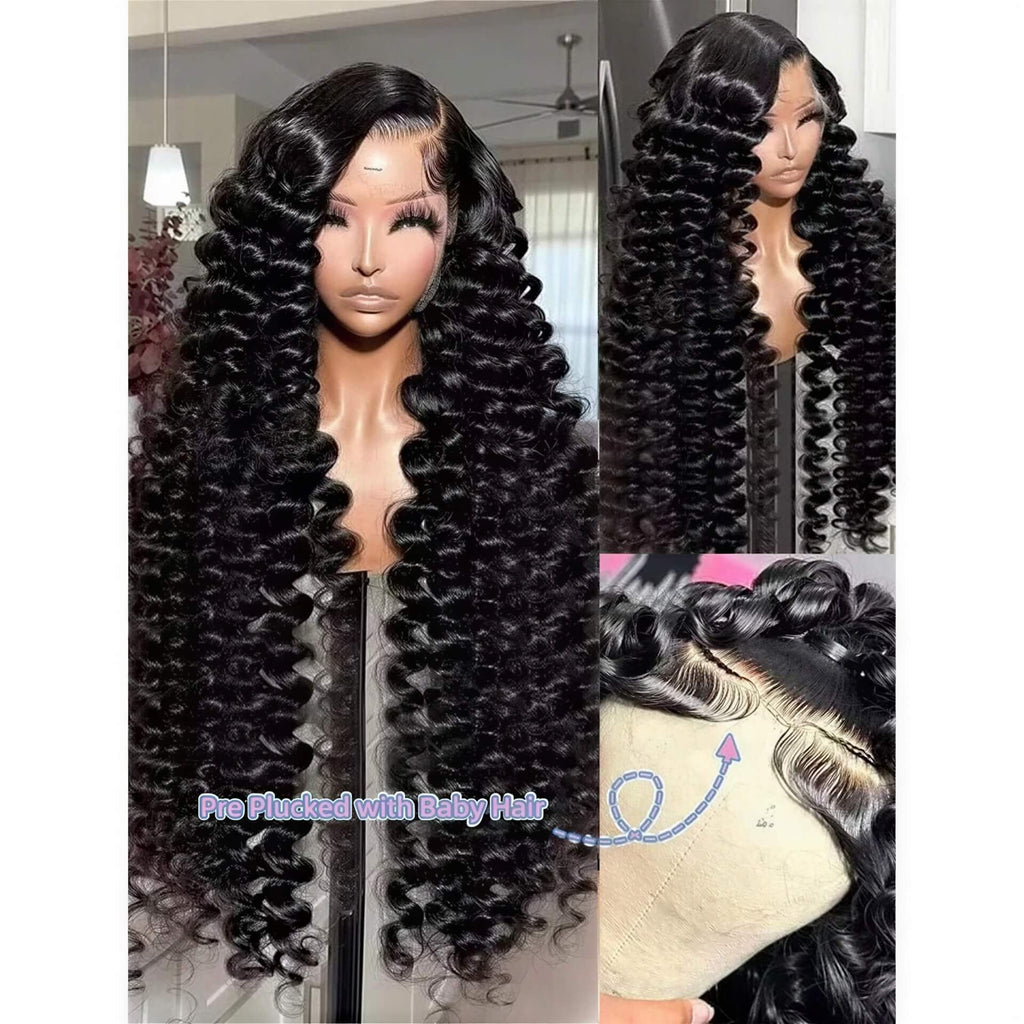300 density loose wave HD lace wig in black with pre-plucked baby hair, showcasing defined curls and lace front details.