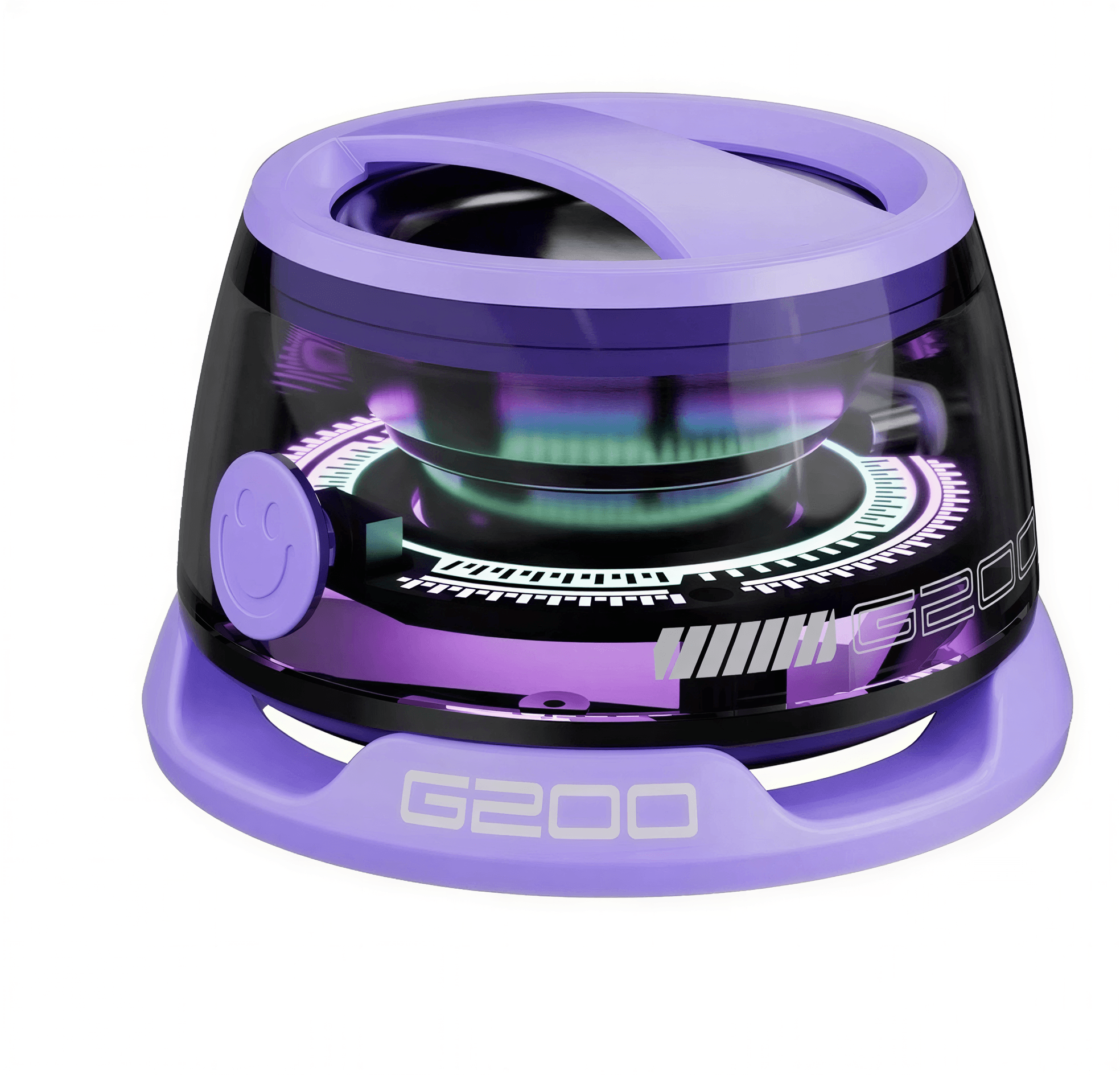 Colorful lighting Bluetooth speaker in purple with a transparent design and smiley face detail on the base.