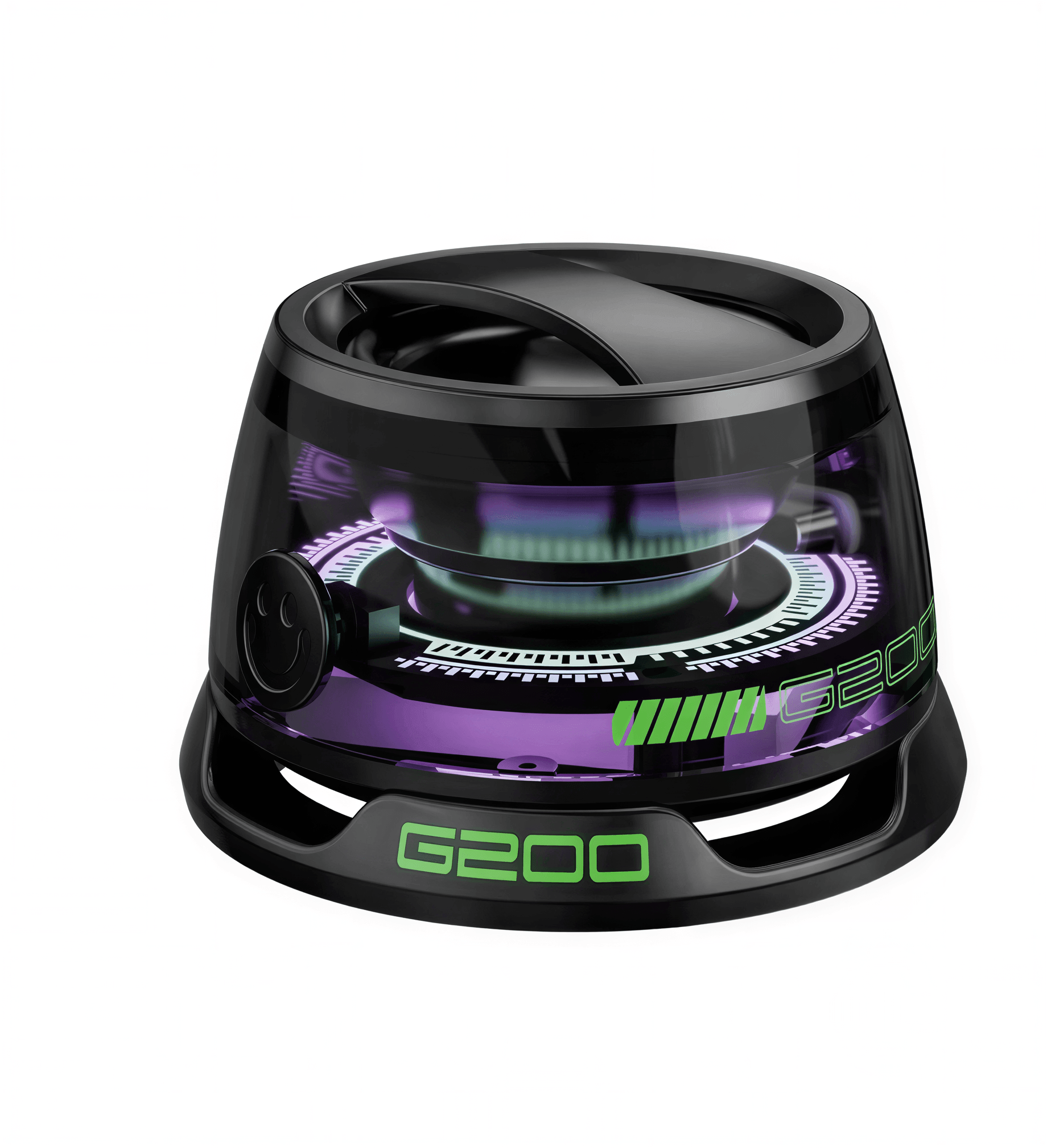 Colorful lighting Bluetooth speaker with a transparent casing and green accents, showcasing dynamic light effects.