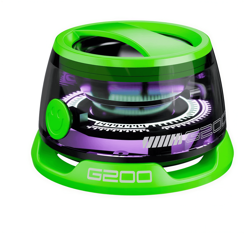 Colorful lighting Bluetooth speaker in green and purple, featuring a circular design and smiley face detail.