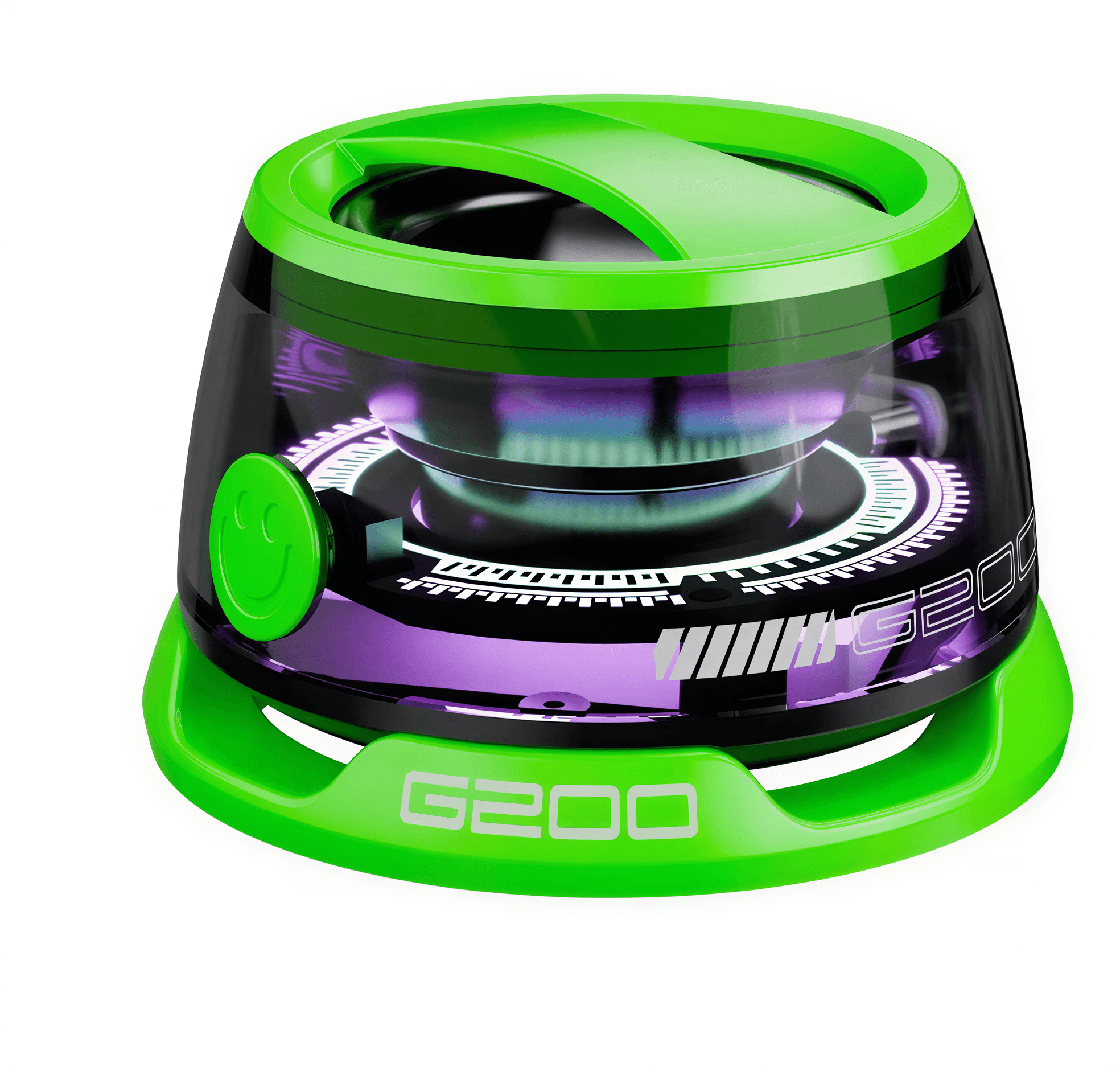 Colorful lighting Bluetooth speaker in green and purple, featuring a circular design and smiley face detail.