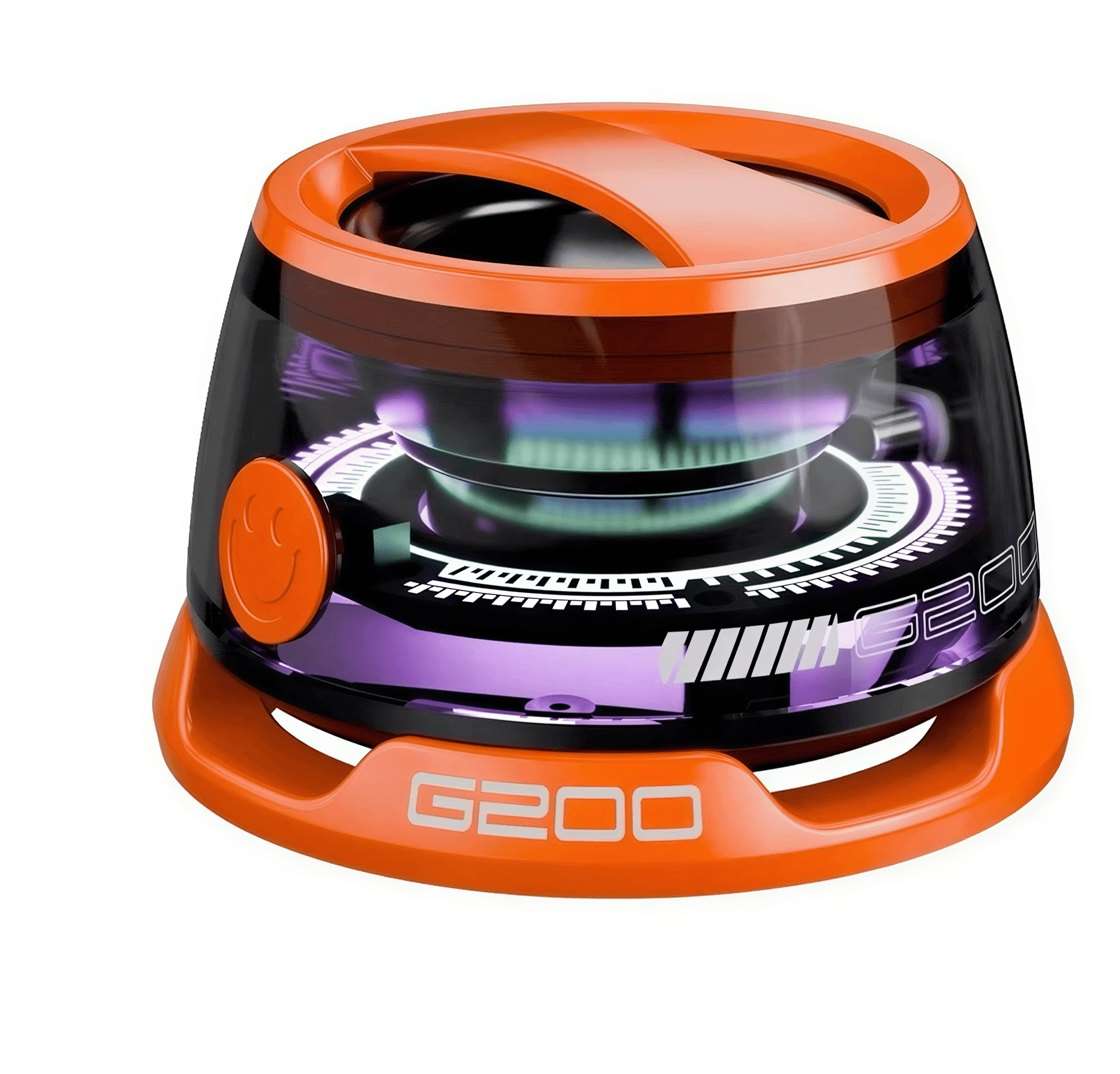 Colorful lighting Bluetooth speaker with a transparent body and orange accents, featuring a circular design and smiley but...