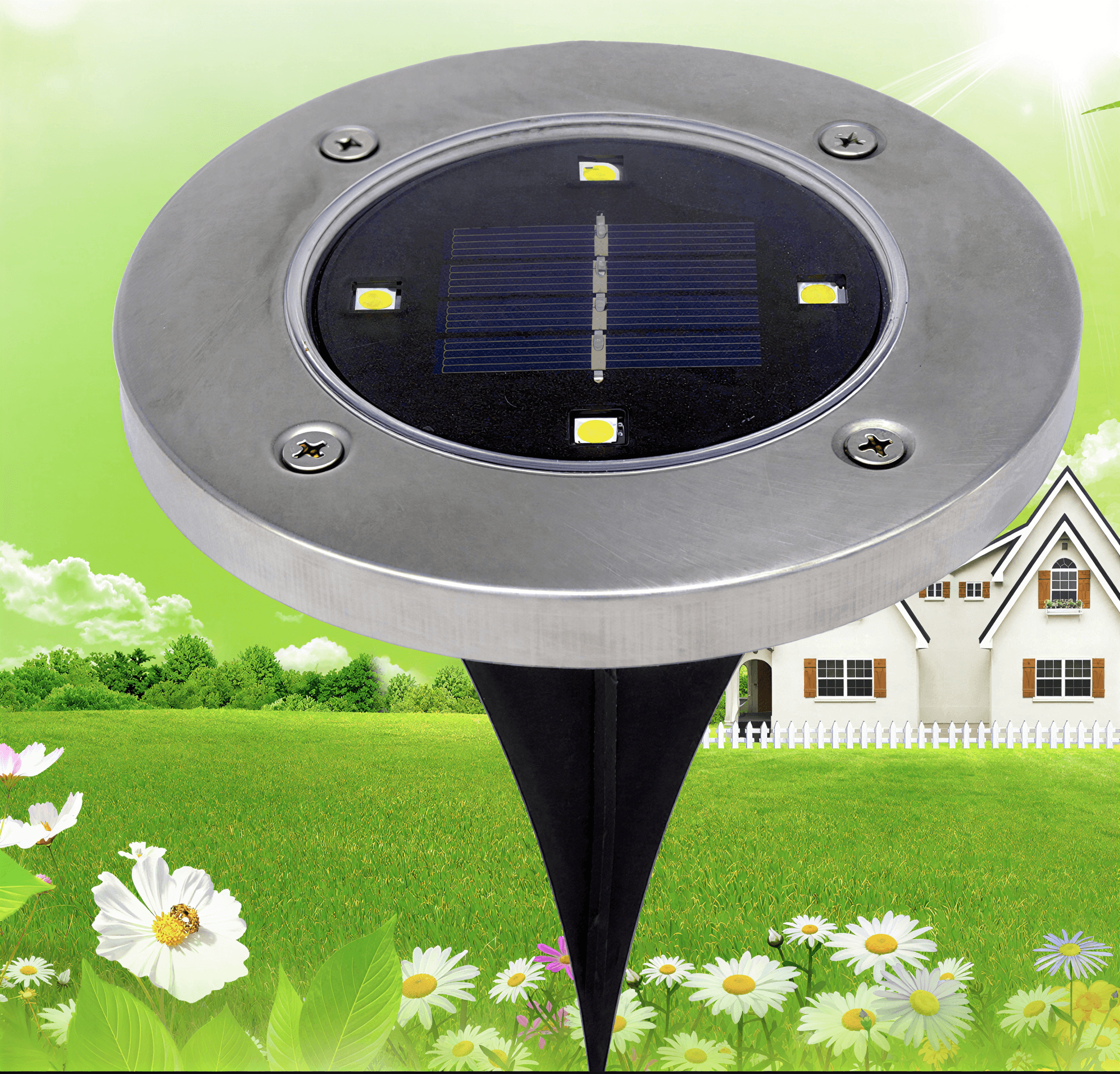 Round silver metal solar ground light with four LEDs and a black plastic stake, shown over a garden background.