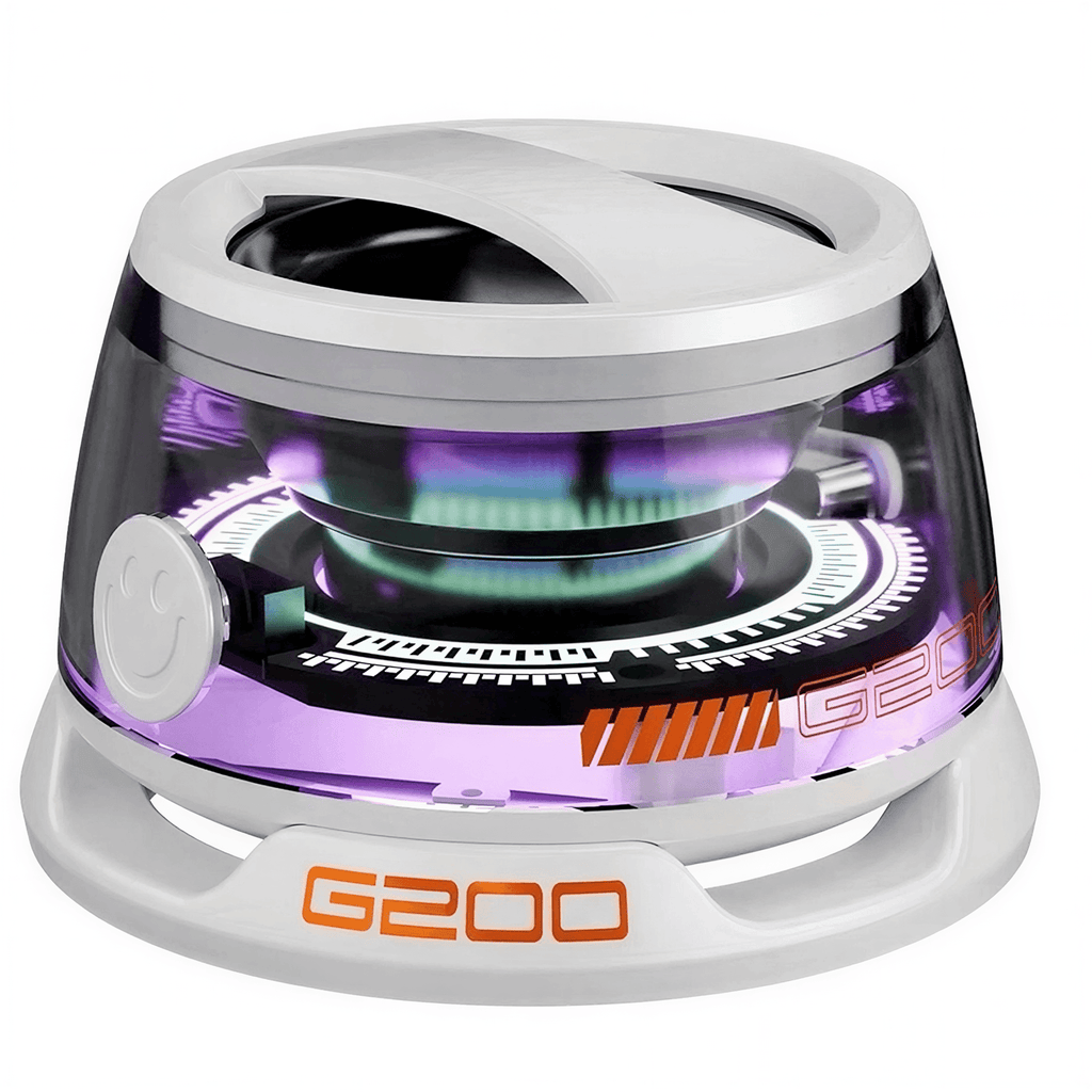 Colorful lighting Bluetooth speaker with a transparent body and illuminated circular design elements.
