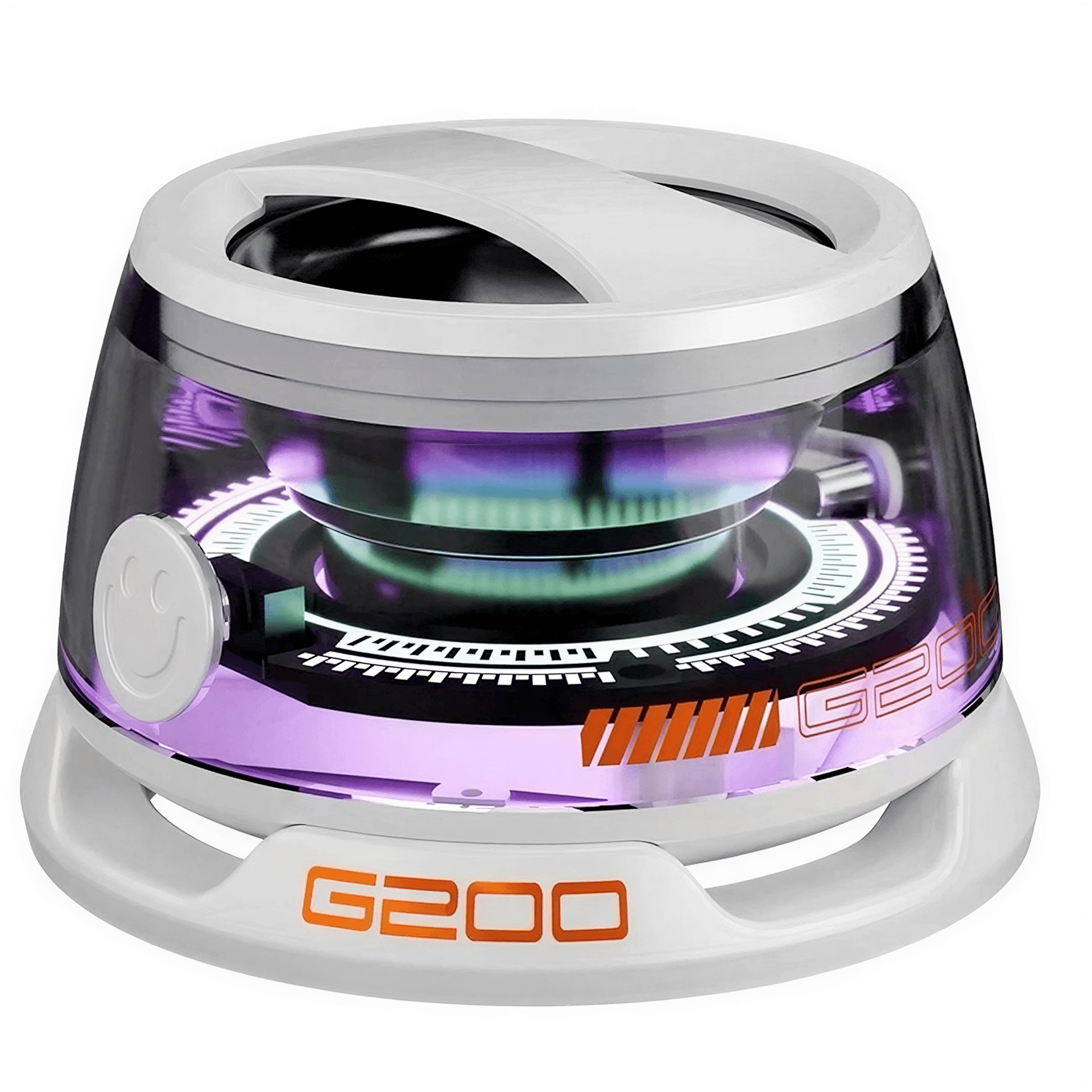 Colorful lighting Bluetooth speaker with a transparent body and illuminated circular design elements.