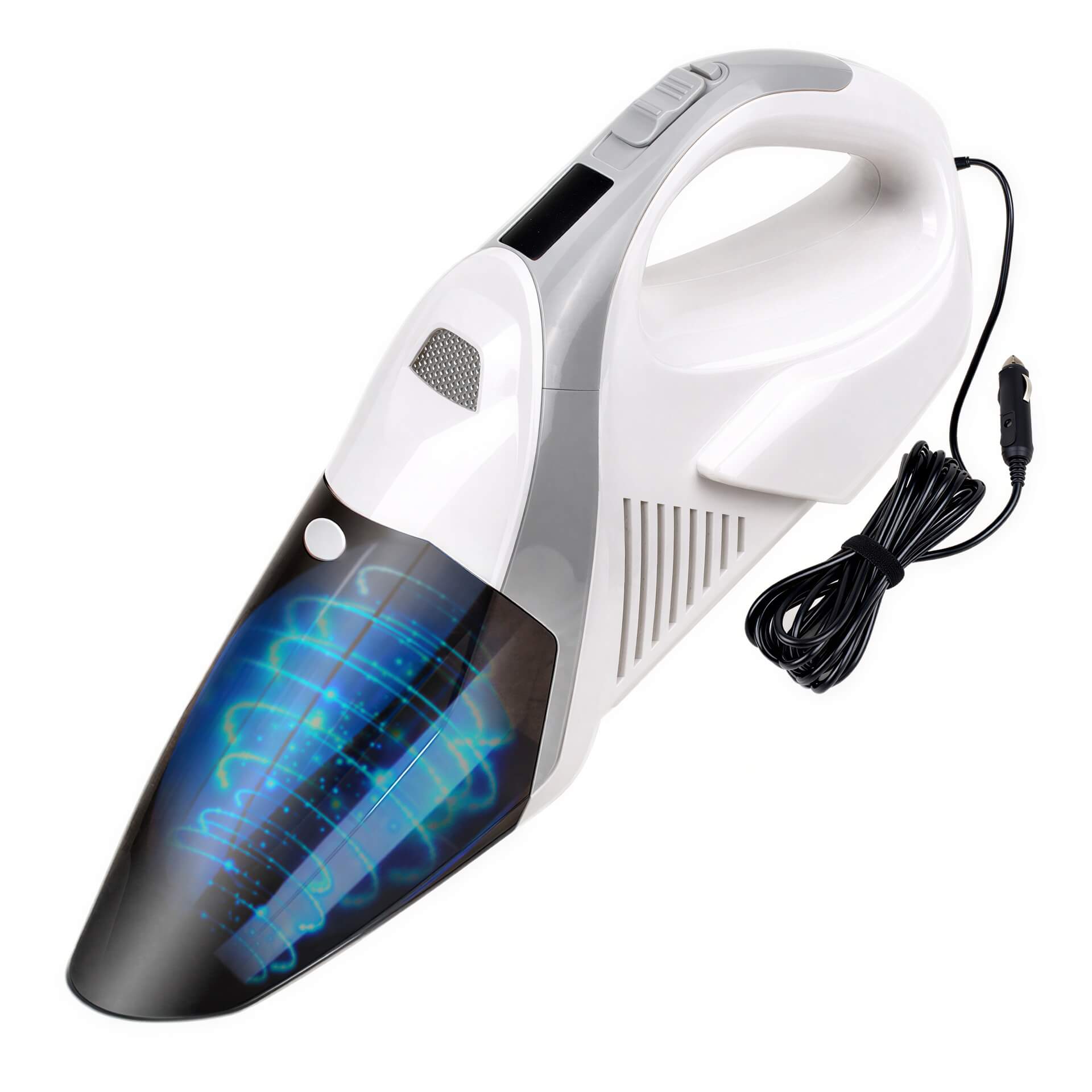 V10 wireless car vacuum cleaner in white and gray, featuring a transparent dust container and power cord.