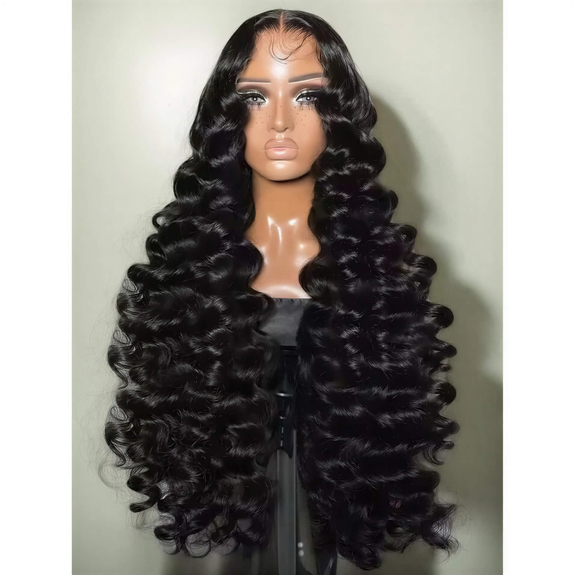300 density loose wave HD lace wig displayed on a mannequin with long, shiny black curls.