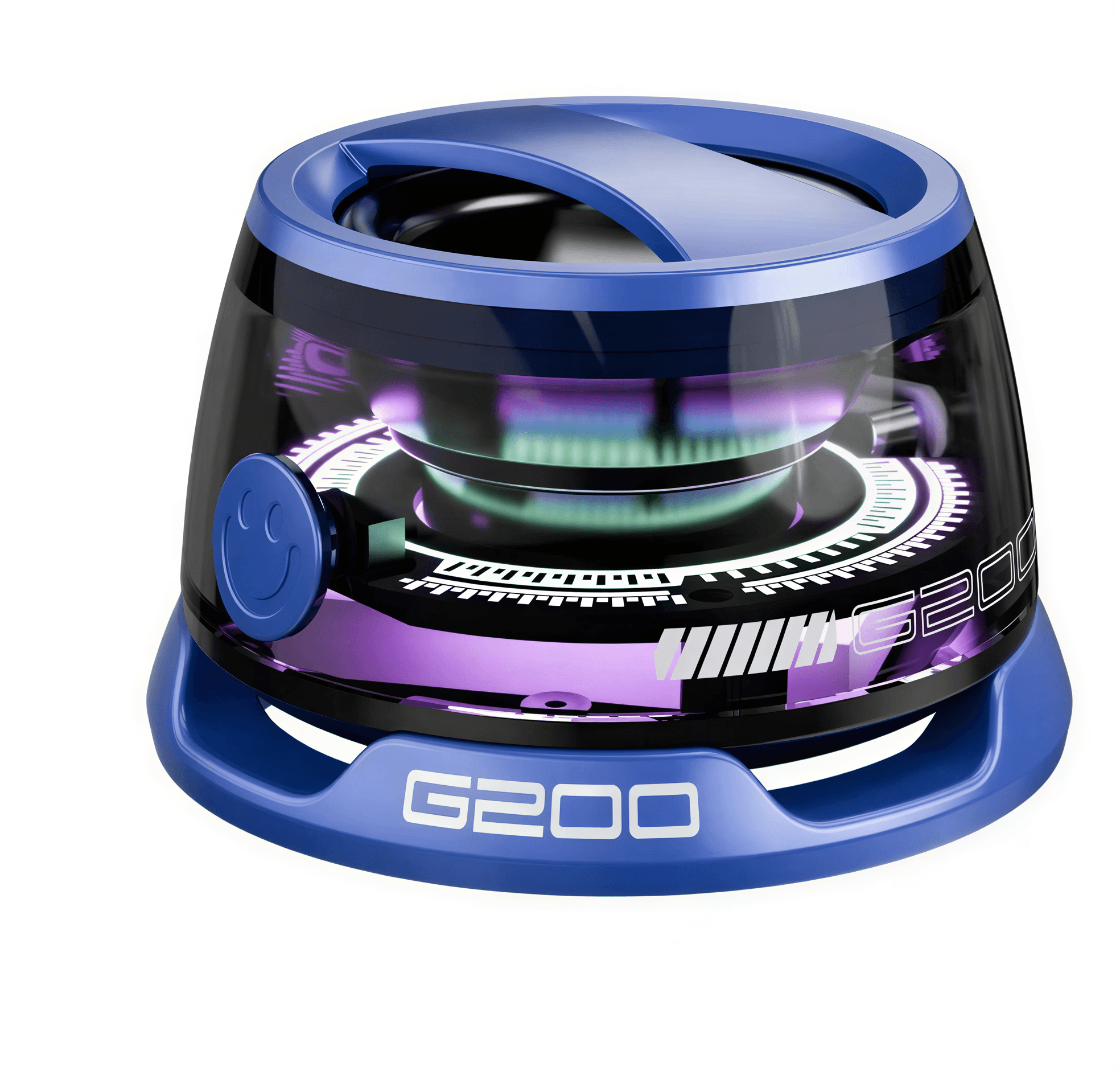 Colorful lighting Bluetooth speaker with a transparent body and blue accents, featuring a circular design and smiley face ...