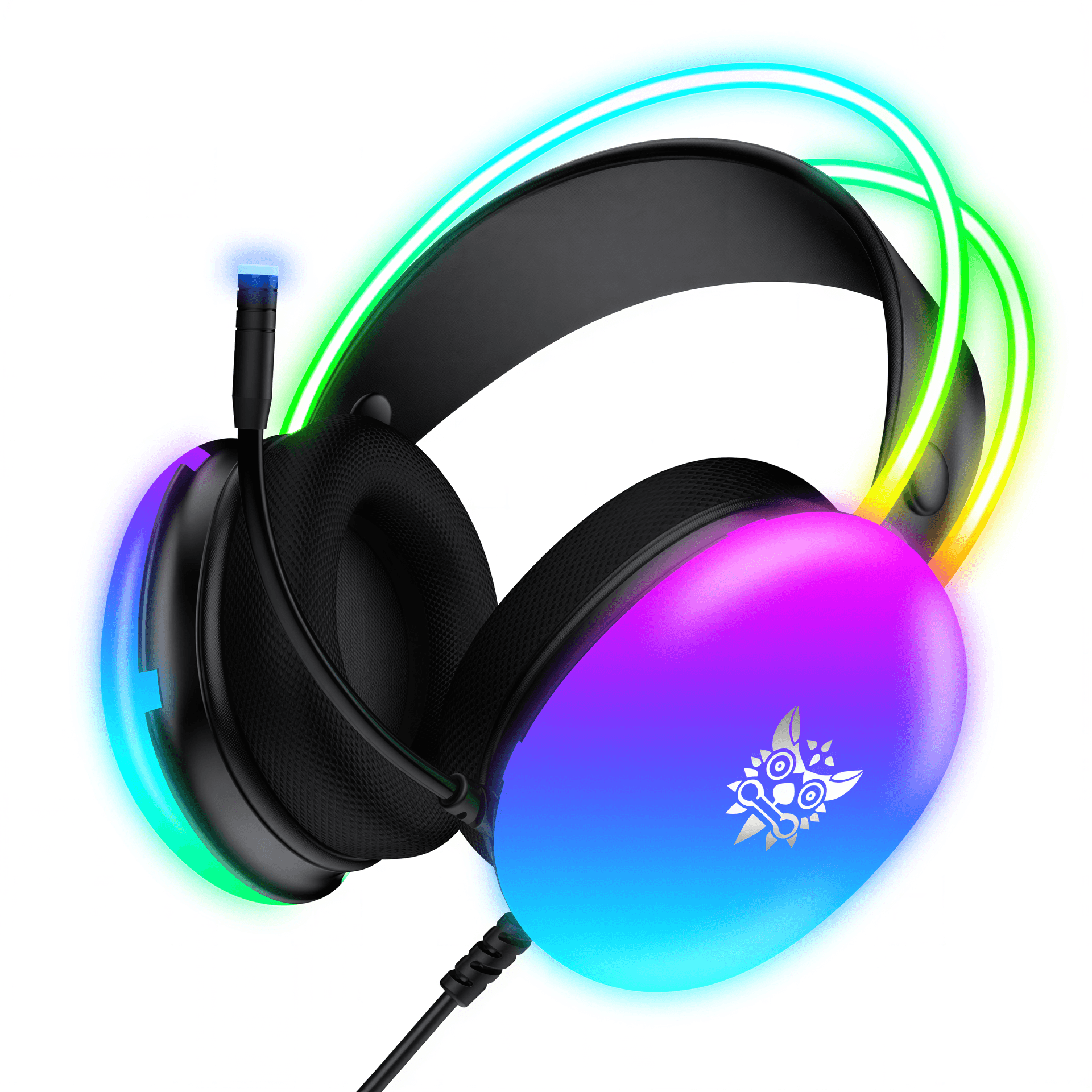RGB gaming headset featuring a noise-canceling microphone and colorful LED lighting on the ear cups.