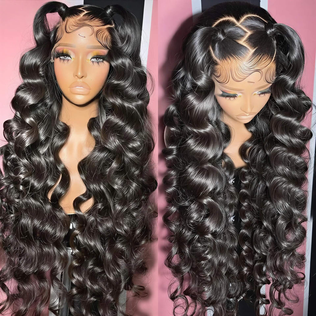 300 density loose wave HD lace wig displayed on a mannequin with long, dark, voluminous curls and a natural-looking hairline.