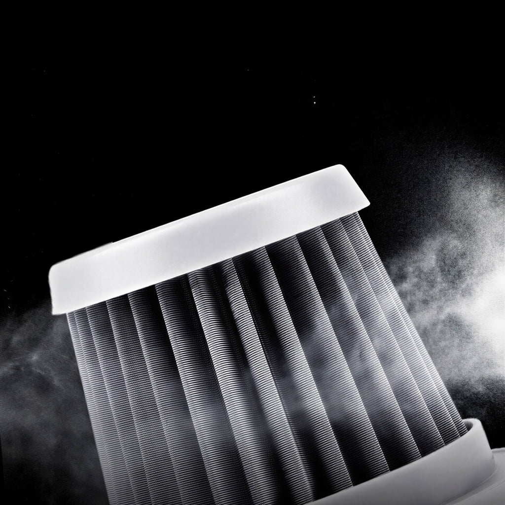V10 wireless car vacuum cleaner filter with pleated design against a dark background.