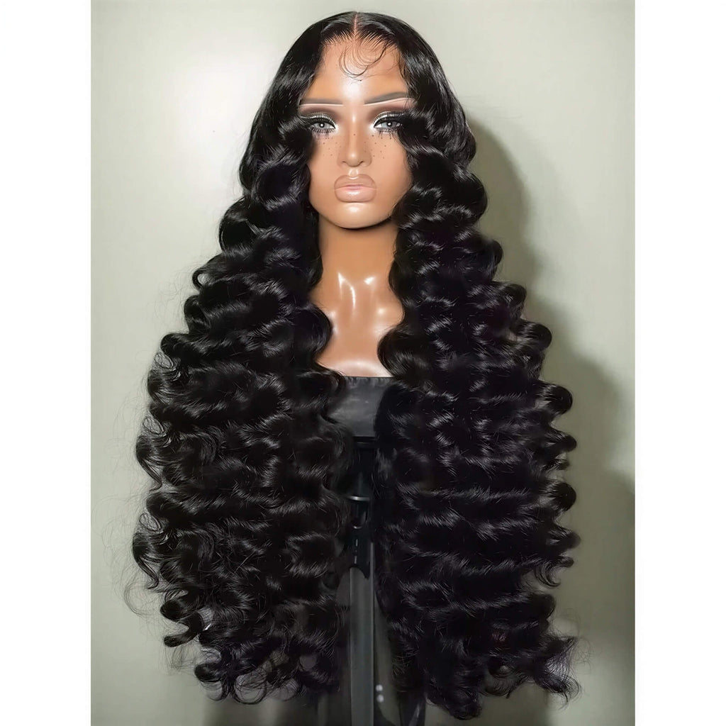300 density loose wave HD lace wig with long, shiny black curls displayed on a mannequin against a neutral background.