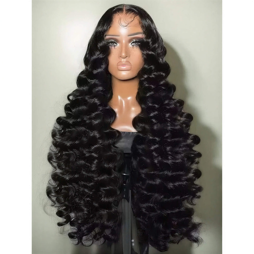 300 density loose wave HD lace wig with long, shiny black curls displayed on a mannequin head.