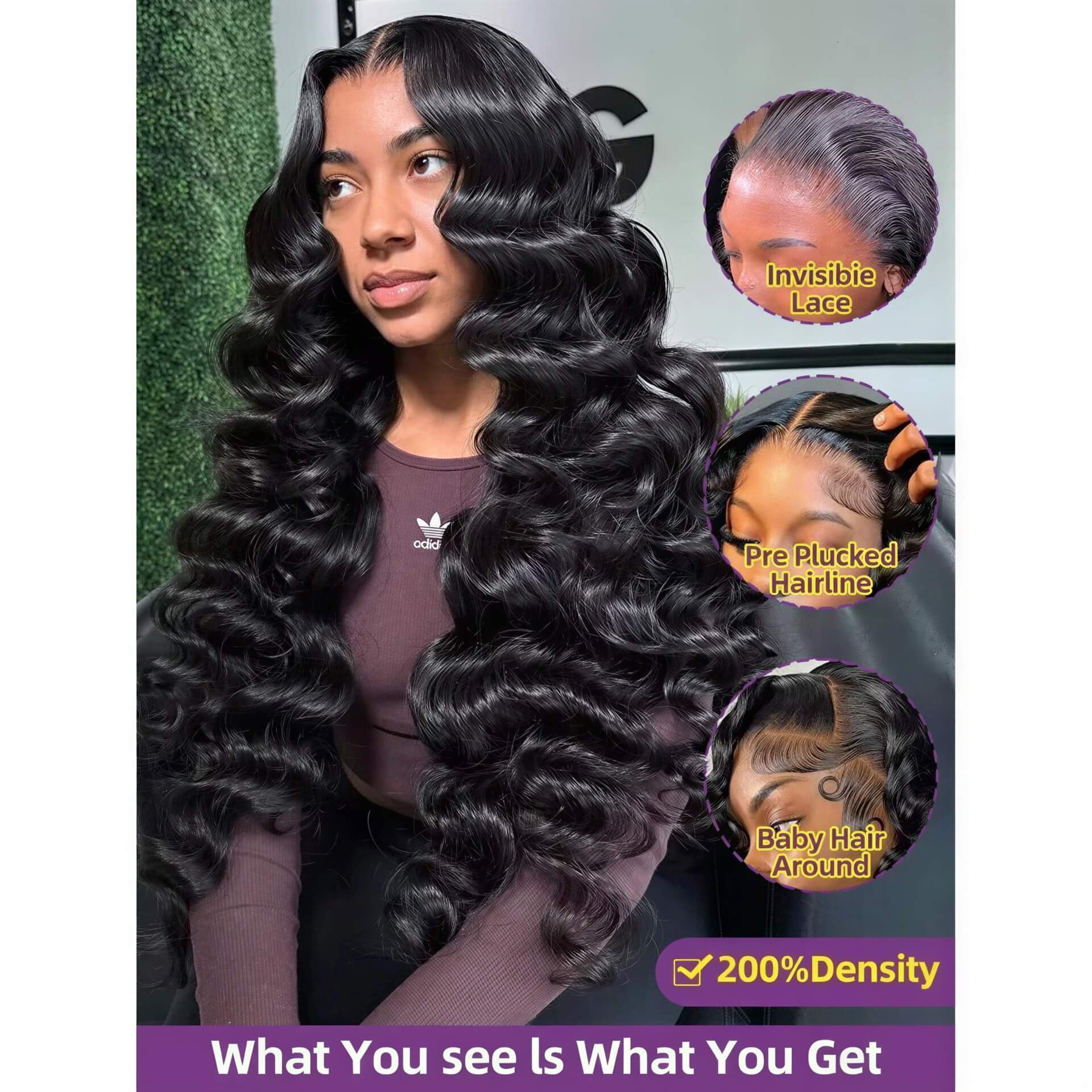 300 density loose wave HD lace wig displayed on a model with long, voluminous curls and a natural-looking hairline.