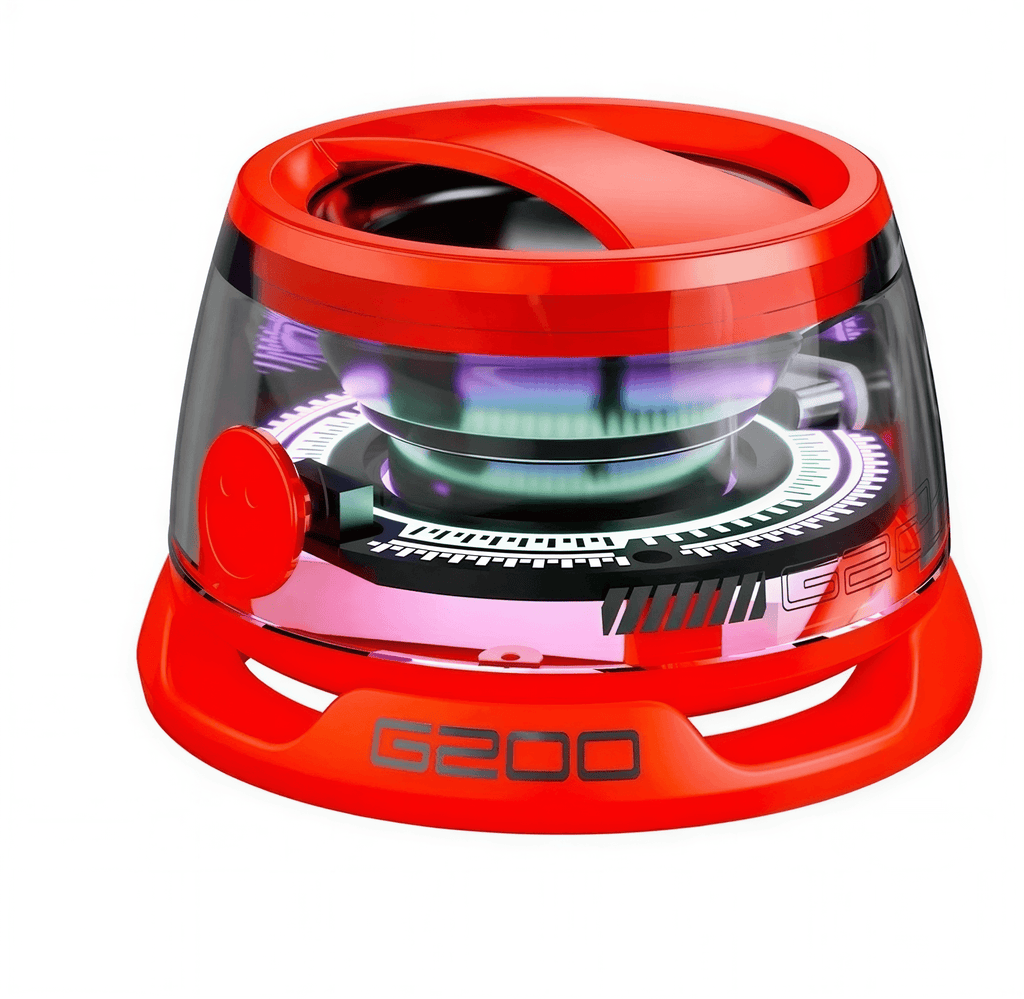 Colorful lighting Bluetooth speaker with a transparent body and red accents, featuring a circular design and control button.