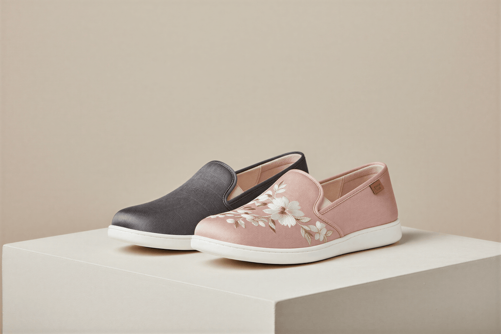 Slip-on silk cotton shoes in black and pink, featuring floral embroidery on the pink pair, displayed on a neutral background.